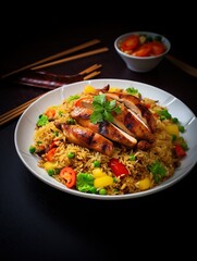a photo of a plate of fried rice with additional slices of fried chicken on top