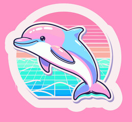 Cute vaporwave logotype with a dolphin and a sun. Pastel colors. © local_doctor