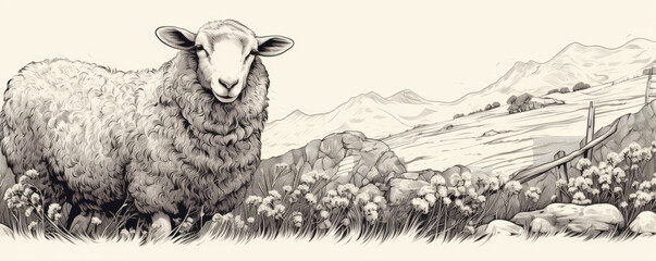 Sheep in engrve shape or black ink drawn on white paper or background. - obrazy, fototapety, plakaty