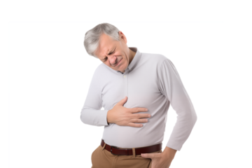 Man suffering from stomach pain isolated on a cutout PNG transparent background