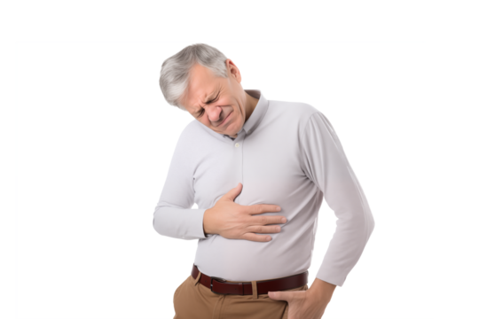 Man suffering from stomach pain isolated on a cutout PNG transparent background
