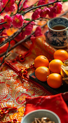 Tangerines, tea cups and a branch of cherry blossoms on a traditional tablecloth with an oriental pattern. Composition.