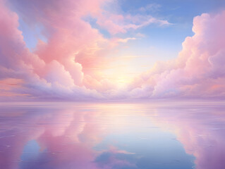Peaceful digital artwork depicting soft pastel clouds perfectly reflected in the calm surface of serene waters. This image is well-suited for wellness and relaxation products, in therapeutic settings - obrazy, fototapety, plakaty