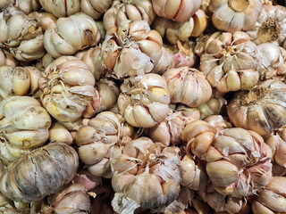 Garlic heads for sale in a market.
