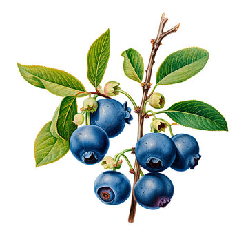 Watercolor Realistic Drawing Of Blueberries. Beautiful Ripe Blue Berries And Leaves Isolated Clipart