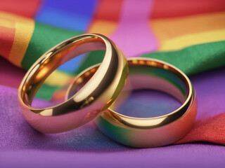 Two gold wedding rings on rainbow lgbt flag. Homosexual marriage - generated by ai