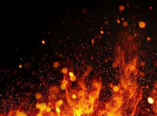 Embers and flames over black background - obrazy, fototapety, plakaty