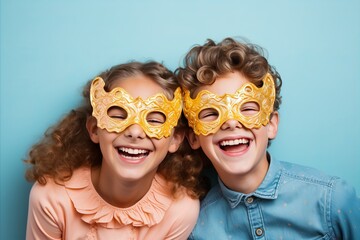 Kids in colorful carnival masks on bright background with text space for creative messaging