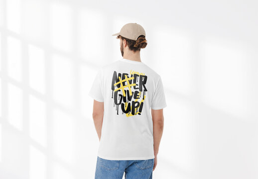 Mockup of white man wearing customizable t-shirt with logo