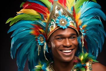 Colorful brazilian carnival costume with man dancing energetically on vibrant studio background