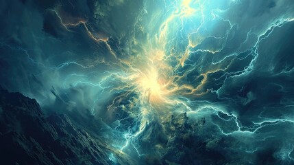 Fractal image of an abstract stormy sky with lightning - obrazy, fototapety, plakaty