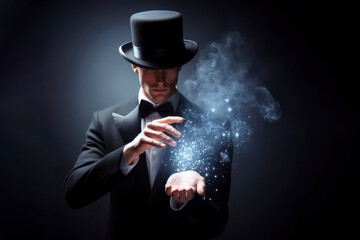Magician in a hat shows magic on solid dark background. ai generative