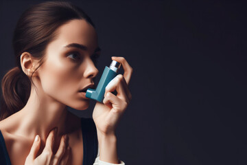 A woman uses an inhaler on a dark background. ai generative