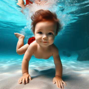 Adorable baby swimming underwater. Diving toddler. ai generative