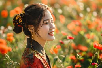 Naklejka premium Chinese Woman in Traditional Dress in Flower Garden