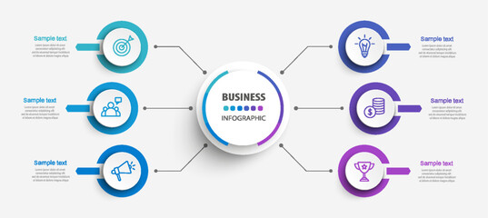 Business vector infographic design template with icons and 6 options or steps. Can be used for process diagram, presentations, workflow layout, banner, flow chart, info graph	