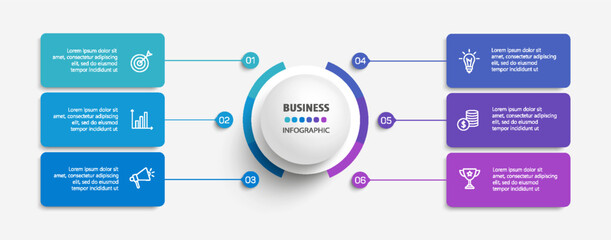 Business vector infographic design template with icons and 6 options or steps. Can be used for process diagram, presentations, workflow layout, banner, flow chart, info graph	