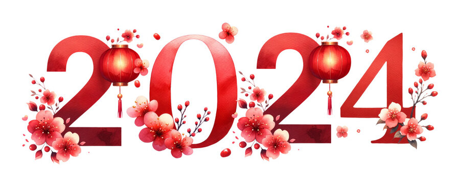 2024 Happy New Year. Chinese New Year Concept Character Font Letter. watercolor red font with flower lantern Lunar Festival Element.