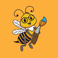 bee holding brush mascot cartoon