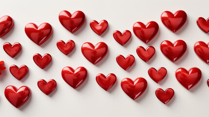 Red hearts on a white background. 3d rendering, 3d illustration.