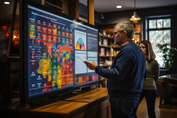 Strategic Analysis, Marketing Team Engages with Infographic on Large Touch Screen in Meeting.