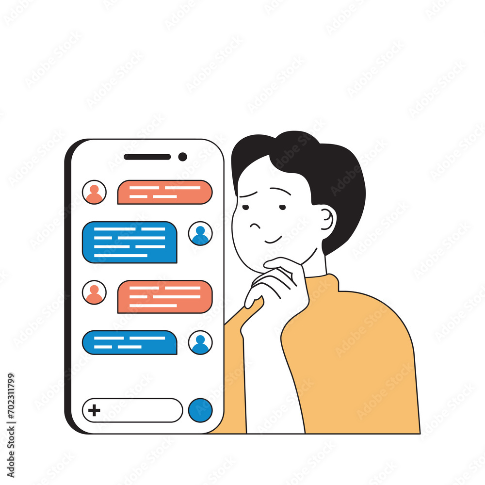 Aufkleber Social media concept with cartoon people in flat design for web. Man sending messages in chat app and connecting with virtual friends. Vector illustration for social media banner, marketing material.
