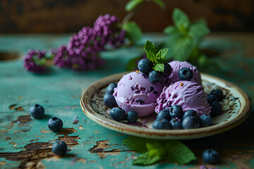 Handmade blueberries ice cream on plate on wood green background.