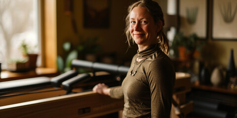 Pilates studio owner, portrait, standing proudly next to the Pilates Reformer, ambient studio lighting