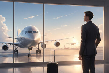 plane illustration, a man standing in front of a window looking at an airplane. ai generative