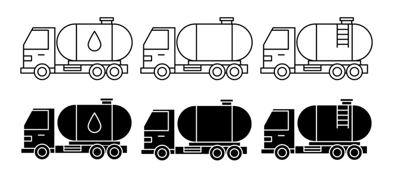 Oil fuel tanker icon set. petrol delivery long truck vector symbol. lpg gas tanker sign. milk truck icon in black color.
