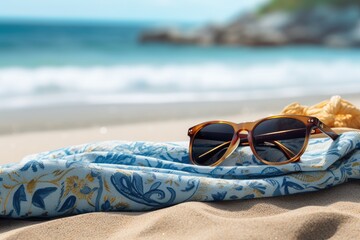 A sunglasses resting on a beach towel with the sea in the background