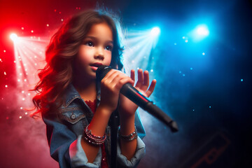charming girl child singing emotionally at concert in front of microphone, illuminated by spotlights