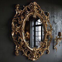 Elegant Golden Baroque Mirror with Intricate Designs Mounted on a Dark Textured Wall, Reflecting a...