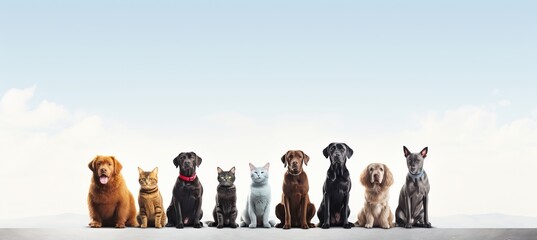 Assorted cats and dogs, big and small, isolated on white background with copy space, studio shot