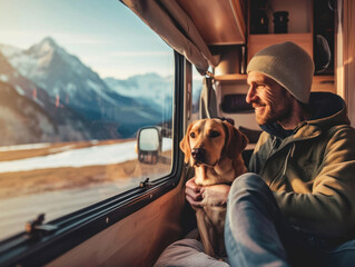 Portrait of smiling young man hugging her dog in the camper van - obrazy, fototapety, plakaty