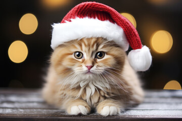 Cute fluffy kitten in Santa red hat for Christmas holiday postcards, seasonal background