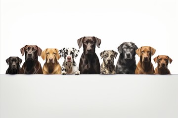 Mixed breed dogs various sizes and breeds isolated on white background with copy space - obrazy, fototapety, plakaty