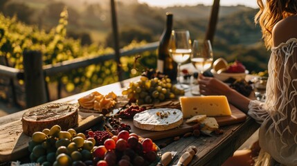 cheese and wine pairing,, outdoor terrace overlooking vineyards, elegant morning indulgence and elegance, soft diffuse light