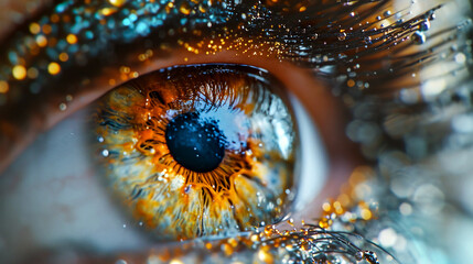 Macro shot of beautiful female eye with glowing iris, closeup. 