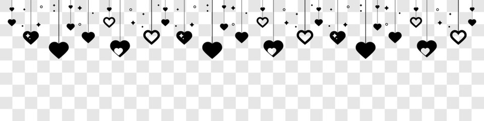 Black heart icons set. Valentine's day decoration. Valentine's day seamless banner or border. Hanging hearts seamless border isolated on transparent background . Hearts garland. - obrazy, fototapety, plakaty