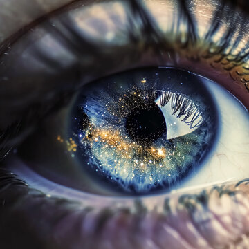 A beautiful close-up shot of an eye with space and stars. eye with a galaxy in the background. Conceptual image. 