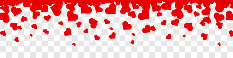 Seamless hearts border isolated on transparent background. Flying red hearts confetti. Valentine's Day background with a red falling hearts. Love concept. Hearts frame.