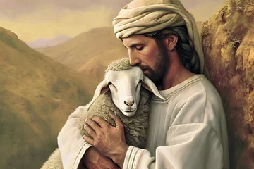 Foto op Canvas Oil painting of Jesus recovered the lost sheep carrying it in arms. © ZayNyi