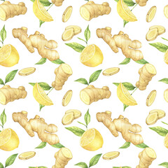 Watercolor illustration of spice ginger, half, leaves and lemon. Hand-drawn seamless pattern. Ginger root for food design. Kitchen herb and spice