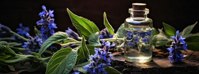 bottle, jars of extract of borage essential oil - obrazy, fototapety, plakaty
