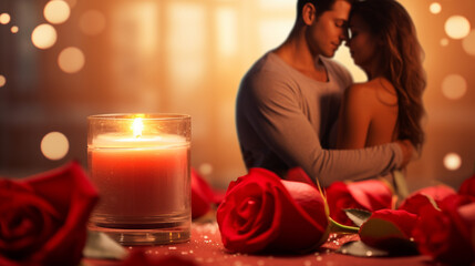 Valentine concept. red roses and candles on the background of people in love