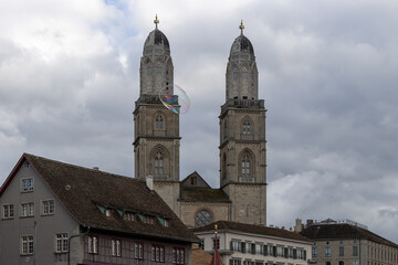 Zurich's Grossmünster cathedral with soap bubble