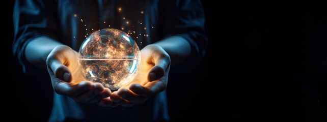 Ethical AI Development and Use. Balance of technology and humanity in ethical AI development. Human hands holding transparent, glowing orb representing an AI brain - obrazy, fototapety, plakaty