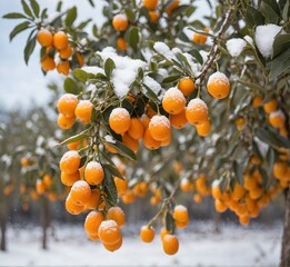 Tangerines on the tree in winter. Tangerines in the snow.