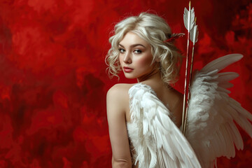 Beautiful blond woman in a cupid costume with arrow on red studio background